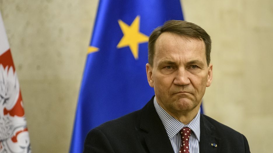Polish Foreign Minister Radoslaw Sikorski is speaking during a briefing at the Polish Embassy in Kyiv, Ukraine, on December 22, 2023. (Photo by Maxym Marusenko/NurPhoto via Getty Images)