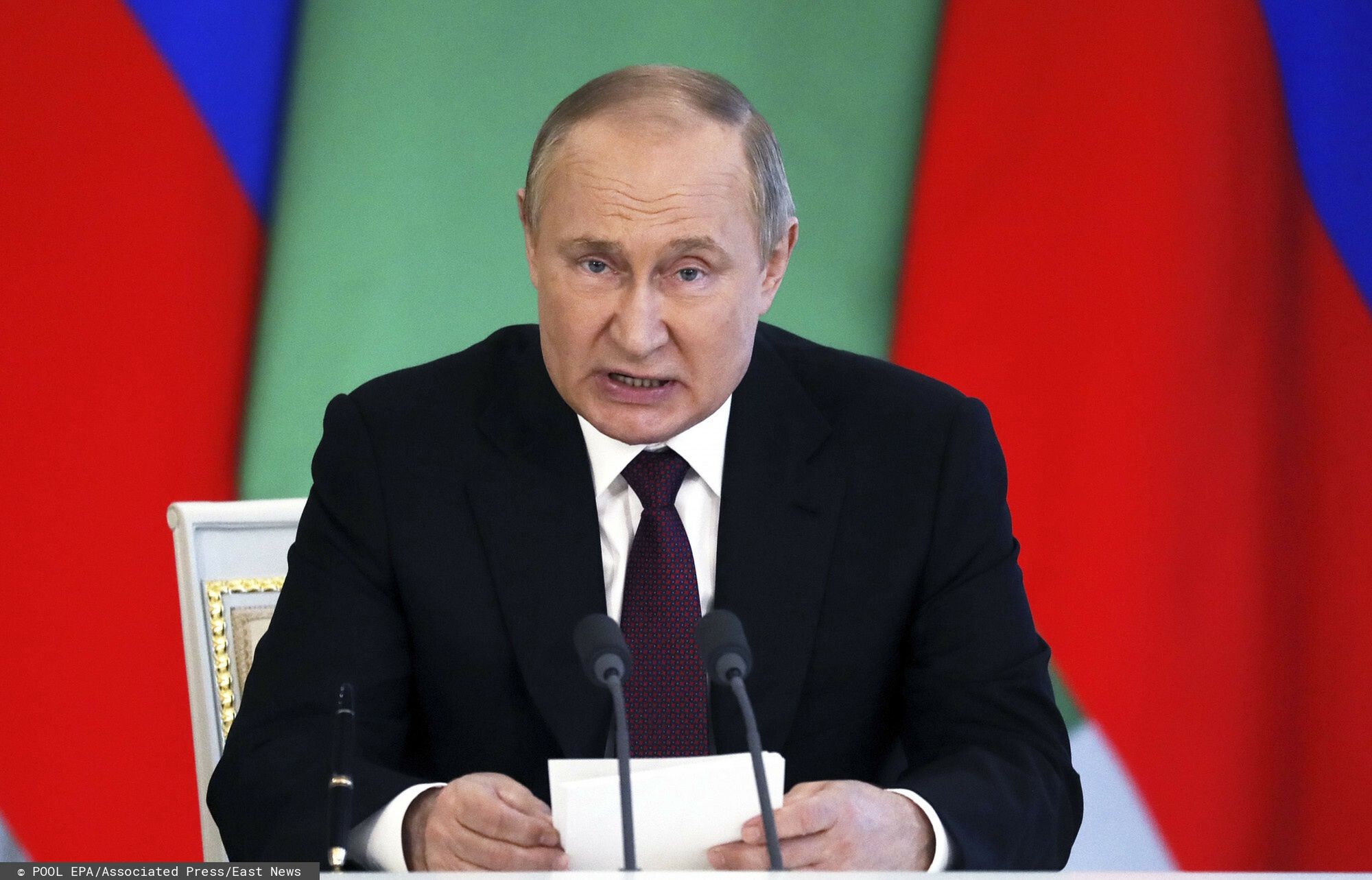 arch51Russian President Vladimir Putin attends a joint press conference with President of Turkmenistan Serdar Berdimuhamedow following their meeting in Moscow, Russia, June 10, 2022. The Turkmen president is on official visit in Moscow. (Yuri Kochetkov/Pool Photo via AP)POOL EPA