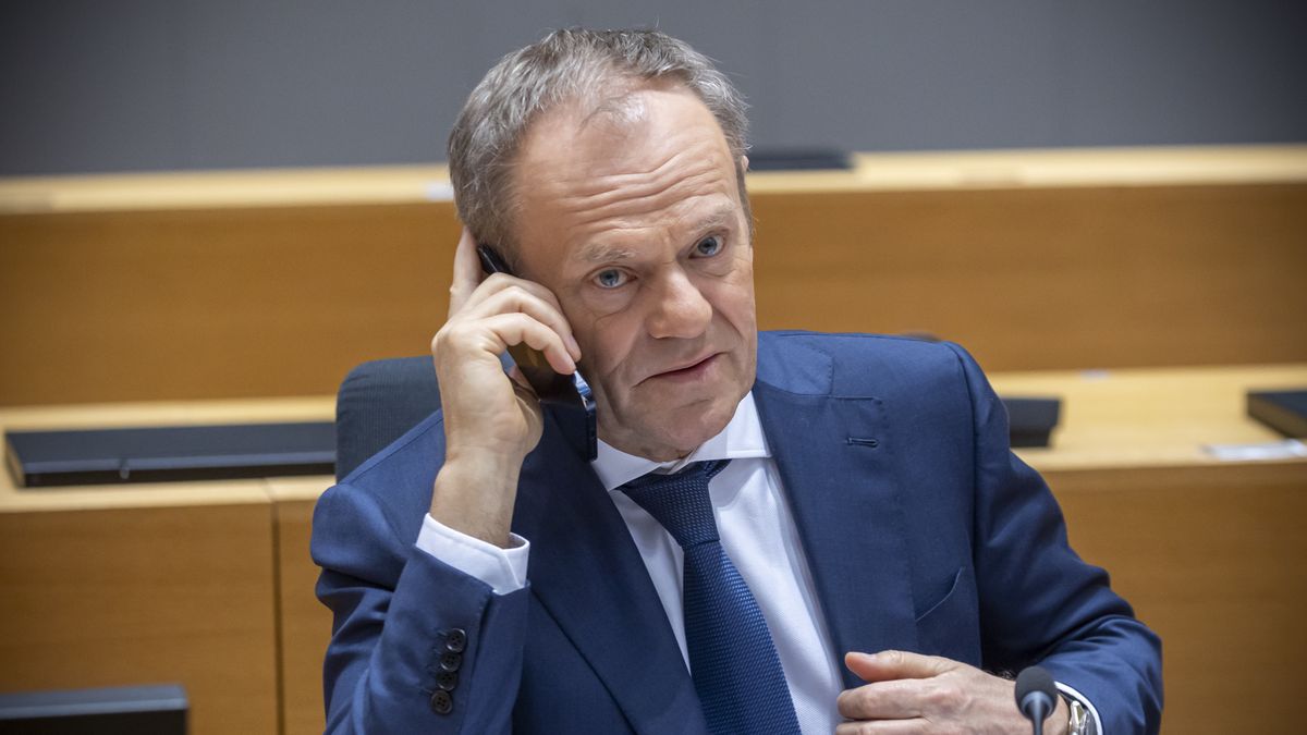 Prime Minister of Poland Donald Tusk checking and talking on his phone before the round table session on the second of the European Council summit at the EU headquarters. Leaders discussed during the meeting Russia's aggression against Ukraine and the Middle East conflict situation while they focused also on security and defense, emphasizing in Europe's need to enhance overall readiness. The bloc discussions span military support for Ukraine, external relations, migration, agriculture, regional conflicts, EU enlargement process. The day marked the celebration for the 30th anniversary of the EEA European Economic Area of the 30 countries participating. Polish PM warned recently that war is a real threat and Europe is in a pre-war era and not ready. EUCO in Brussels, Belgium on March 22, 2024 (Photo by Nicolas Economou/NurPhoto via Getty Images)