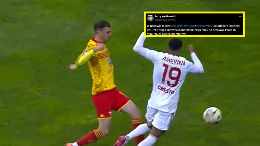 Twitter / Canal+ Sport / Błąd sędziego w meczu Jagiellonii z Rakowem nie był sprawdzany z uwagi na awarię VAR