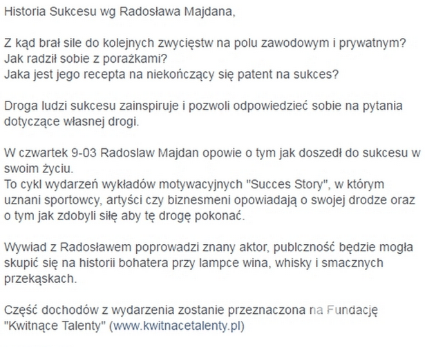Radosław Majdan nie weźmie udziału w wykładzie motywacyjnym - Facebook