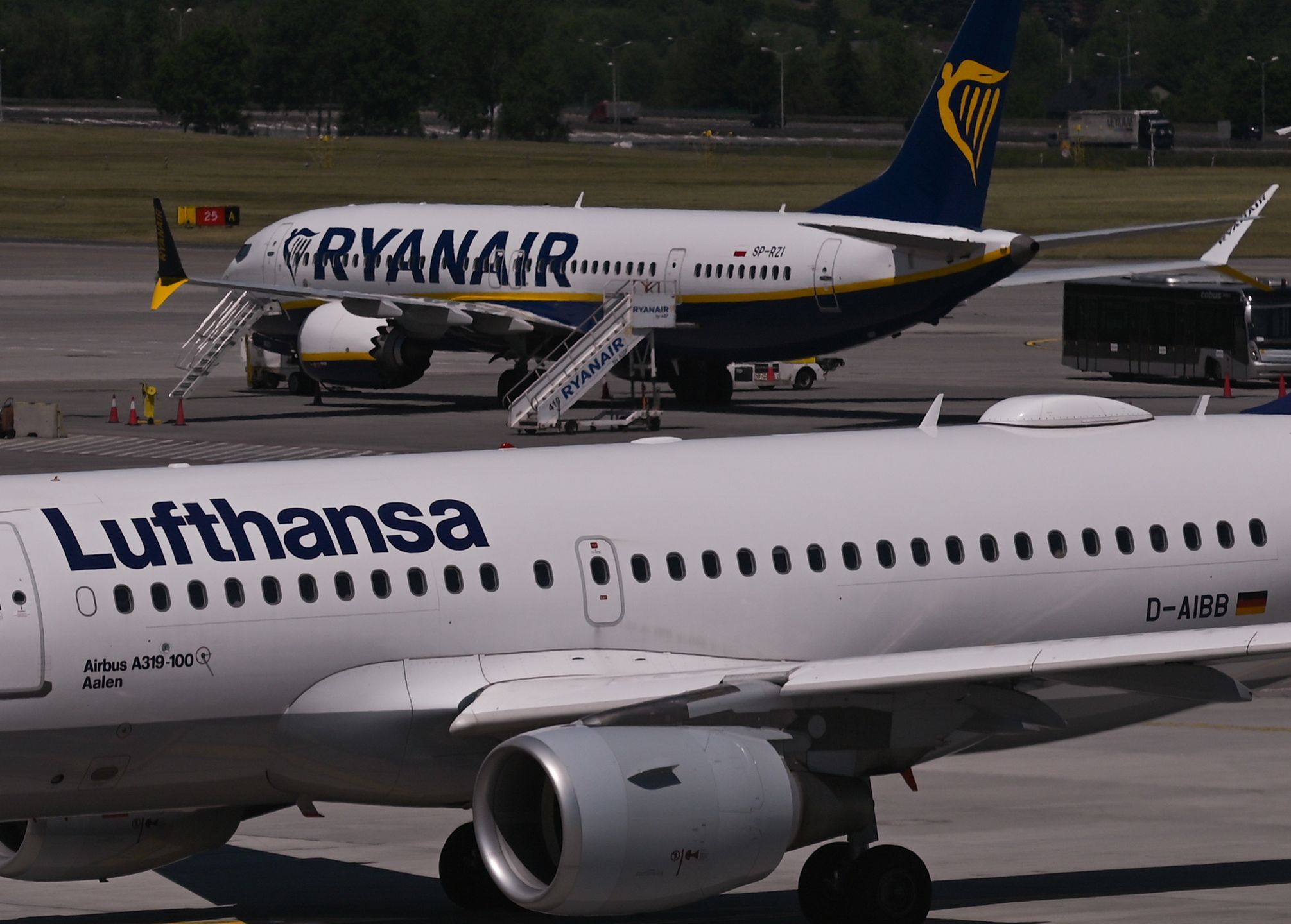 Lufthansa and Ryanair planes seen at John Paul II Krakow-Balice International Airport. 
The airport is getting busier. In May, Kraków Airport handled over 681,000. passengers, which is only 9% less than in the record-breaking May 2019. 
On Friday, June 03, 2022, in John Paul II Krakow-Balice International Airport, Krakow, Poland. (Photo by Artur Widak/NurPhoto via Getty Images)