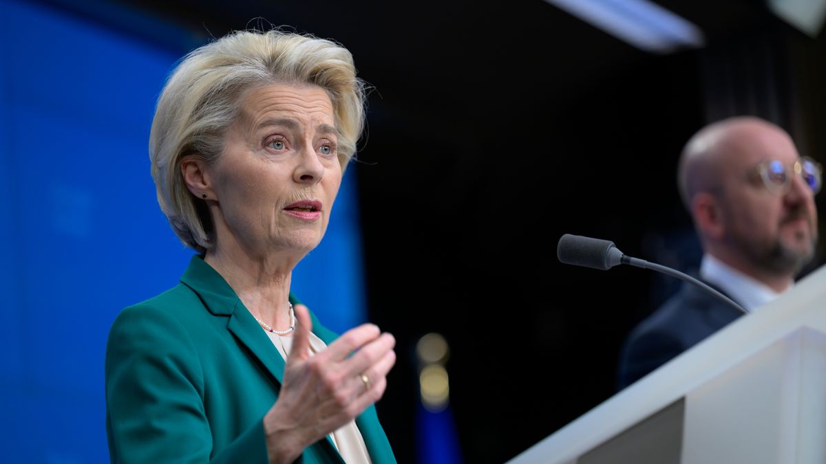 European Commission President Ursula von der Leyen is giving a press conference after the end of the two-day special summit, where EU leaders are discussing economic and competitiveness issues, Ukraine, Turkiye, the Middle East, and Lebanon, in Brussels, Belgium, on April 18, 2024. (Photo by Jonathan Raa/NurPhoto via Getty Images)