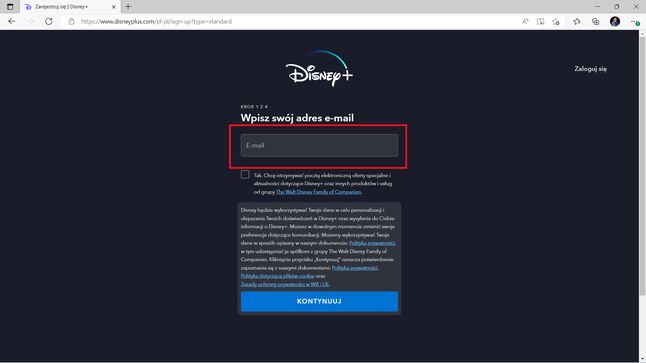 Disney+, dodajemy adres mail