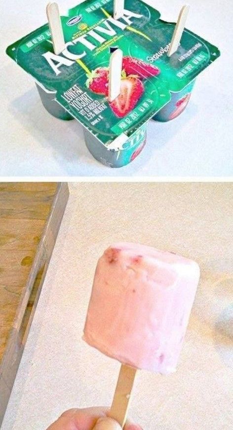 Plastikowe uchwyty wbij do ulubionych jogurtów i włóż do zamrażarki. Pyszne lody od ręki!
