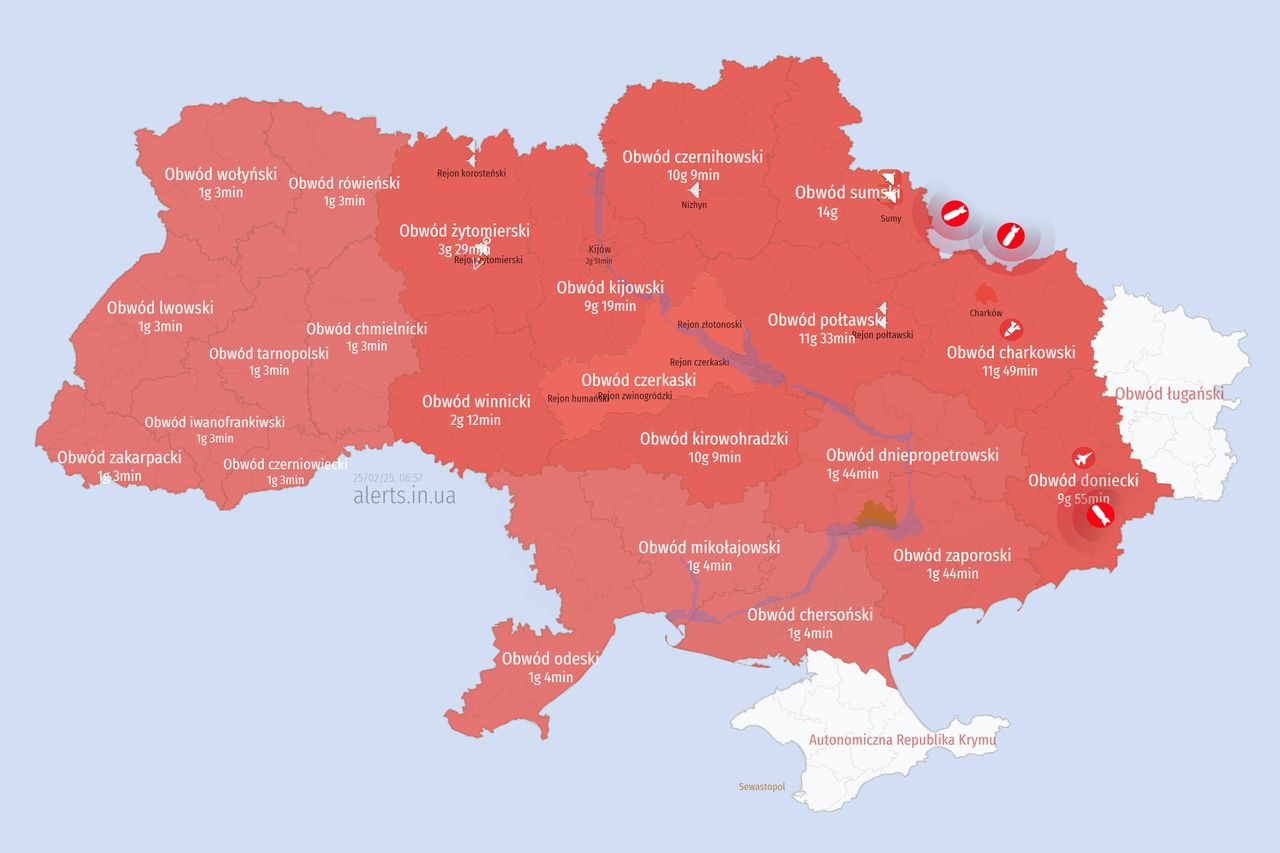 Mapa alarmów w Ukrainie. Stan na godz. 6 rano.