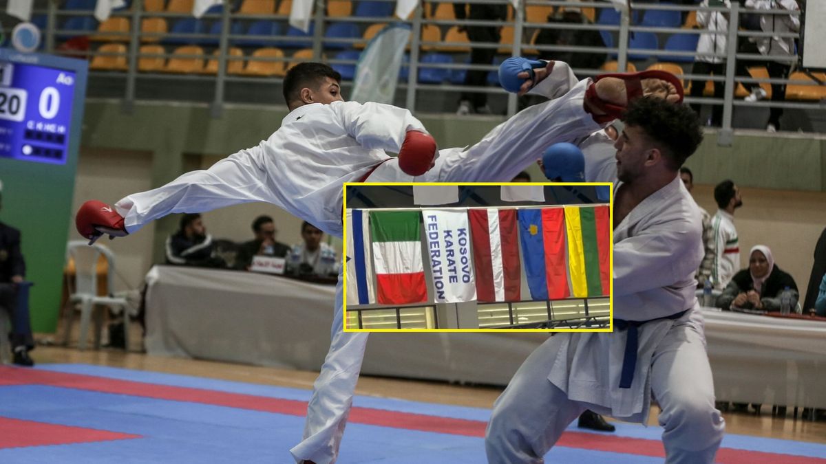 walka karate / małe zdjęcie: napis zamiast kosowskiej flagi