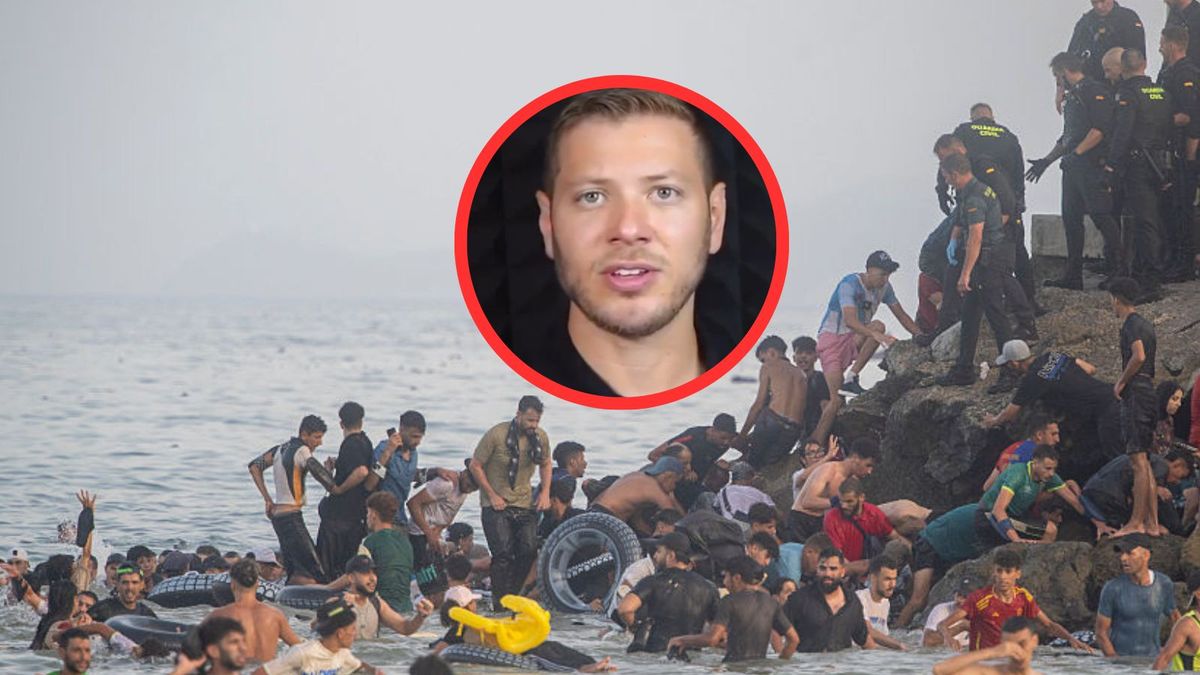 Jair Netanjahu (w kółku). W tle migranci w Ceucie