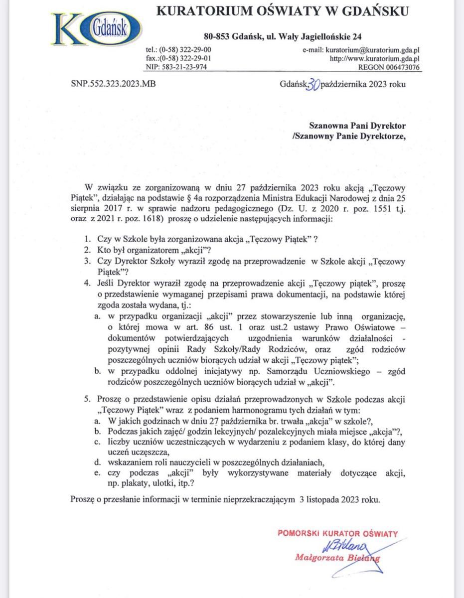 Pismo z Kuratorium Oświaty w Gdańsku