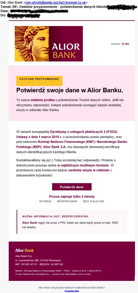 Przykład fałszywej wiadomości