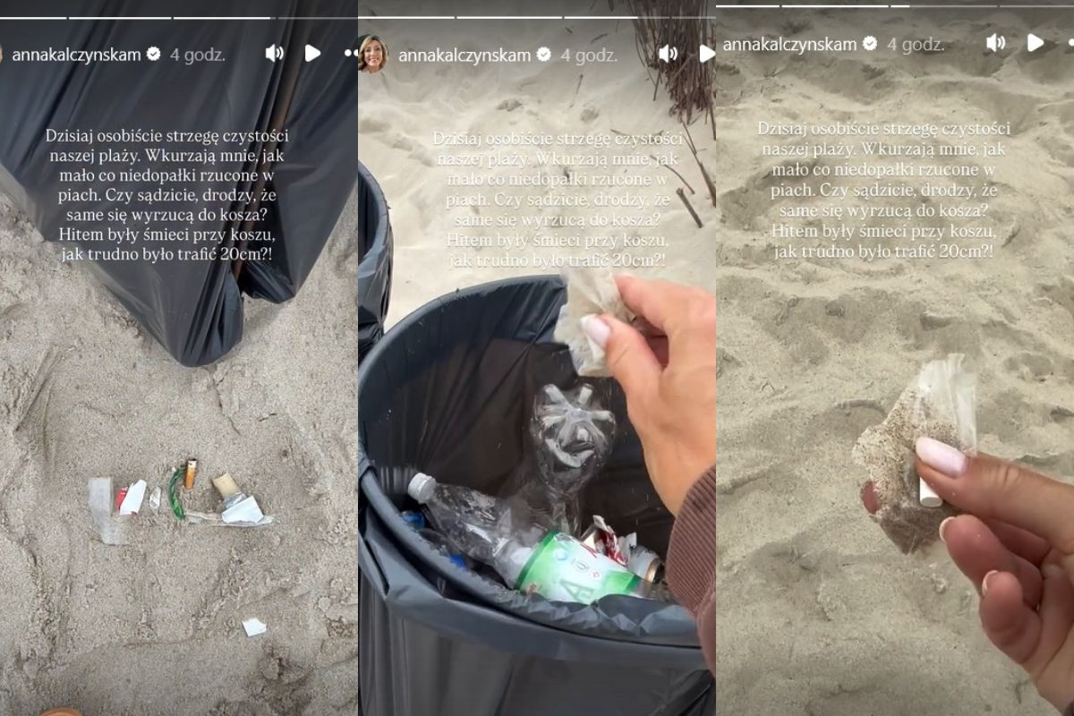 Anna Kalczyńska zbiera niedopałki na plaży 