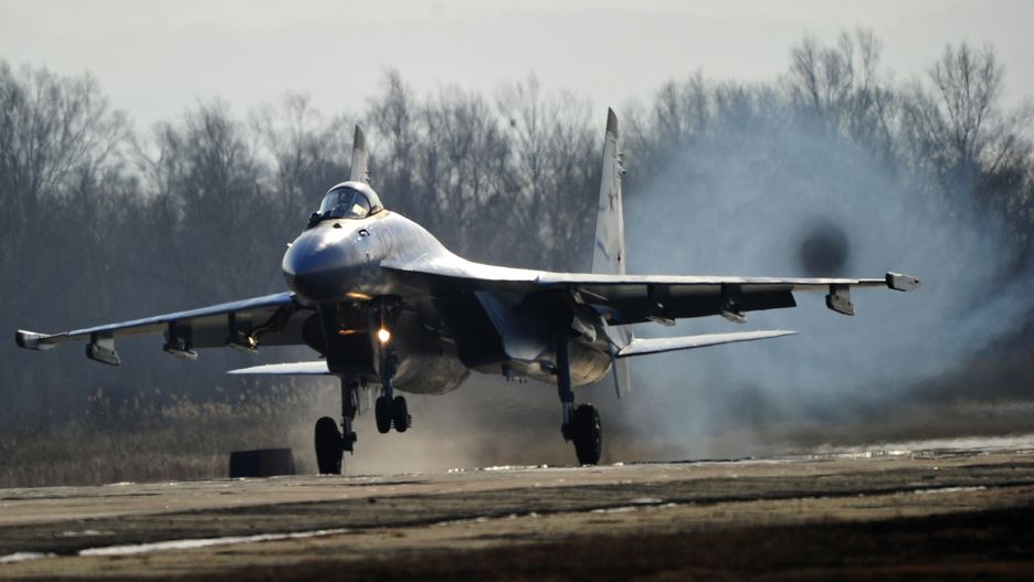 Two Sukhoi Su 35S jets come into service with Russia's Eastern Military District aviation regimentVLADIVOSTOK, RUSSIA. JANUARY 15, 2016. A Sukhoi Su-35S fighter landing jet at Tsentralnaya Uglovaya Air Field. Two multirole supermaneuverable 4++ generation Sukhoi Su 35S fighter jets have entered service with an Eastern Military District aviation regiment stationed at Tsentralnaya Uglovaya Air Field. Yuri Smityuk/TASS (Photo by Yuri Smityuk\TASS via Getty Images)Yuri Smityukaviation