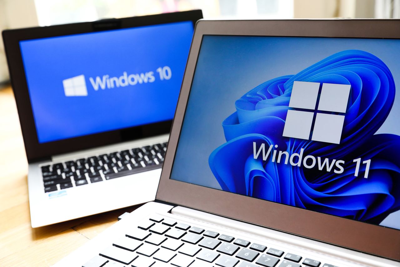 Windows 11 and Windows 10 operating system logos are displayed on laptop screens for illustration photo. Krakow, Poland on February 3, 2022. (Photo by Beata Zawrzel/NurPhoto via Getty Images)