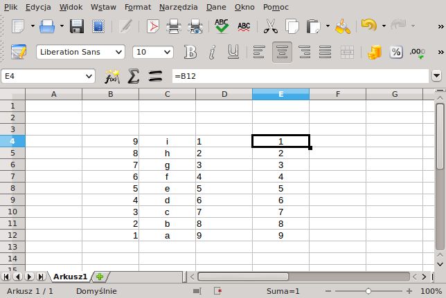 LibreOffice posortował też kolumnę E, mimo że zawierała formuły