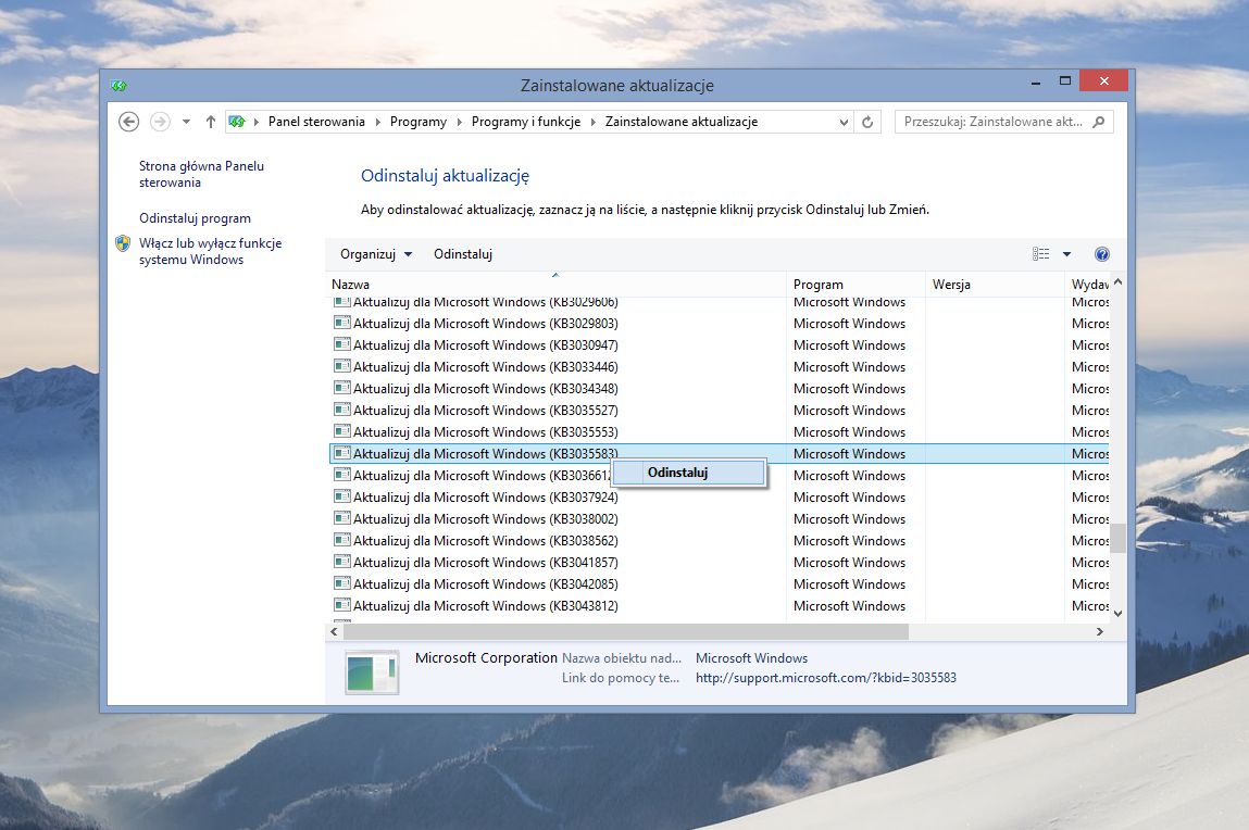 Usuwamy paczkę KB3035583 z systemu