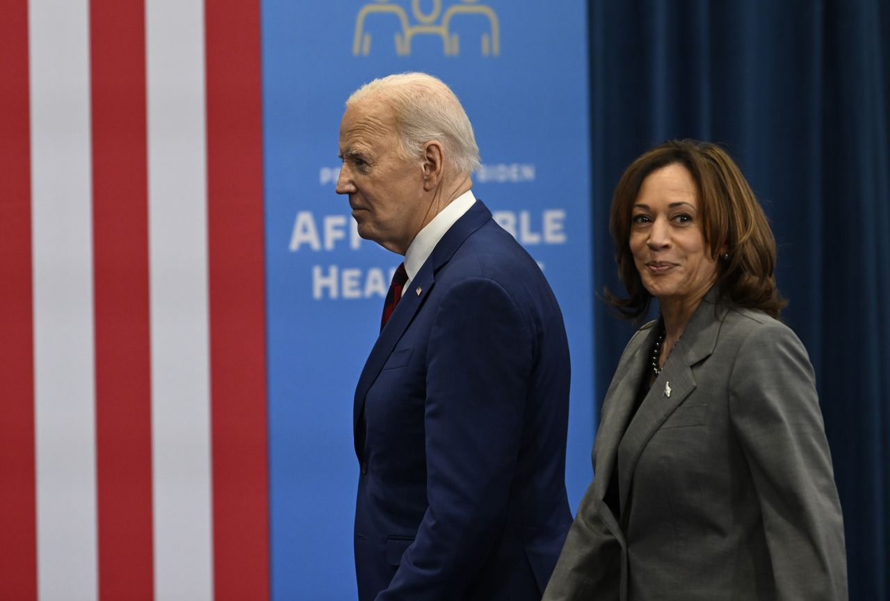 RALEIGH, USA - MARCH 26: US President Joe Biden (L) along with vice president Kamala Harris (R) and North Carolina governor Roy Cooper (not seen) delivers remarks about healthcare in Raleigh, North Carolina, United States on March 26, 2024. (Photo by Peter Zay/Anadolu via Getty Images)