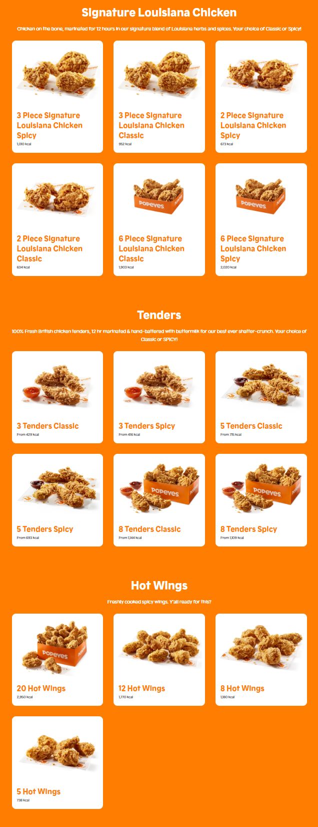 Menu Popeyes w Wielkiej Brytanii