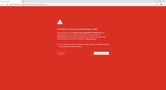 Alert o niebezpiecznej stronie na Chrome.