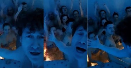 Uradowany Piotr Rubik prezentuje tłum znajomych ściśniętych w kąpieli: "Zobaczcie, ILE OSÓB ZMIEŚCI SIĘ W JACUZZI!"