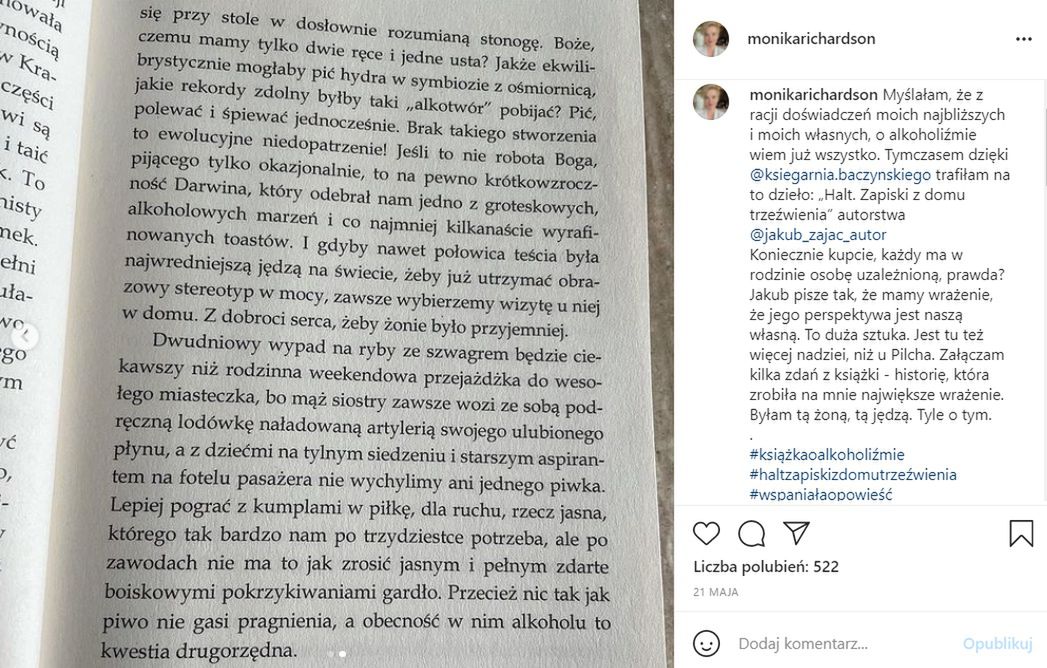 Monika Richardson zamieszcza fragment książki o alkoholizmie