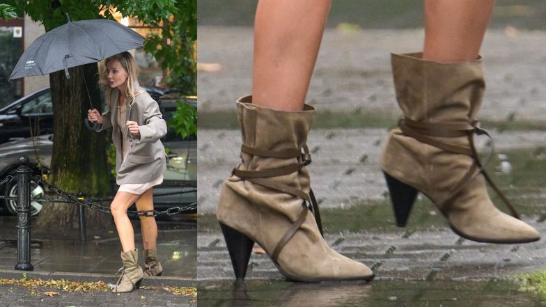 Agnieszka Woźniak-Starak zwinnie omija kałuże w modnych botkach i letniej sukience