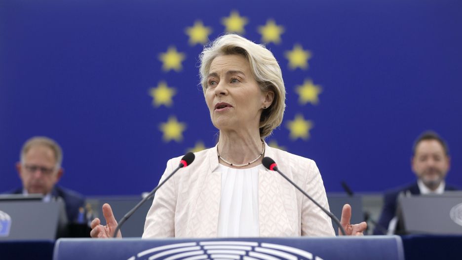 Temporary
European Commission President Ursula von der Leyen addresses the plenary at the European Parliament in Strasbourg, eastern France, Thursday, July 18, 2024. Ursula von der Leyen was making her final pitch Thursday to lawmakers at the European Parliament ahead of a vote on whether to grant her a second five-year term as president of the European Union's executive commission. (AP Photo/Jean-Francois Badias)
Jean-Francois Badias