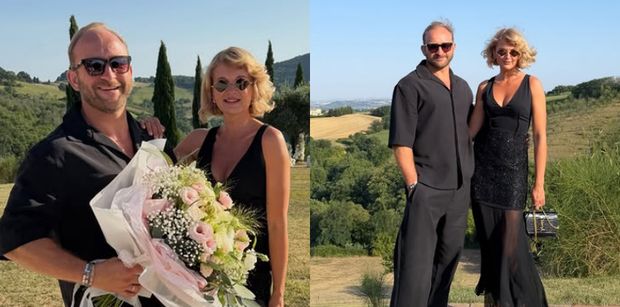 Borys Szyc i jego żona pozują w CZERNI na weselu we Włoszech. Ładnie się zaprezentowali? (FOTO)