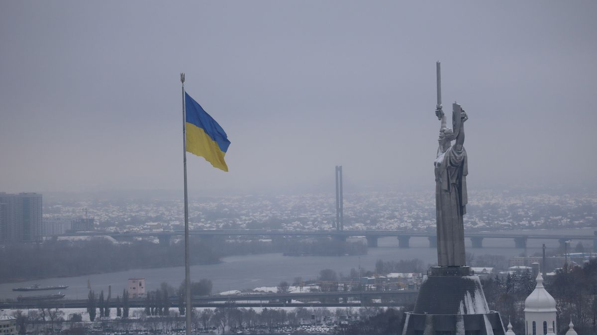 KYIV, UKRAINE - NOVEMBER 22: A view from the Great Lavra Bell Tower of the Motherland Monument and the national flag of Ukraine on November 22, 2023 in Kyiv, Ukraine. The Great Lavra Bell Tower is the main bell tower of the ancient cave monastery of Kyiv-Pechersk Lavra in the Ukraine's capital, and one of the tallest buildings in Kyiv - its height is 96.5 meters. It was built from 1731 to 1745, and access to its upper part was closed to visitors for the last 30 years. And only after the eviction of Russian-oriented clergy from the monastery, visitors were allowed to enter its upper part, as well. (Photo by Andriy Zhyhaylo/Obozrevatel/Global Images Ukraine via Getty Images)