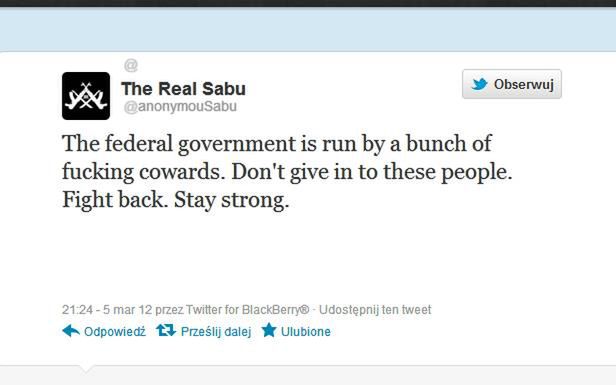 Tweet Sabu z 5 marca