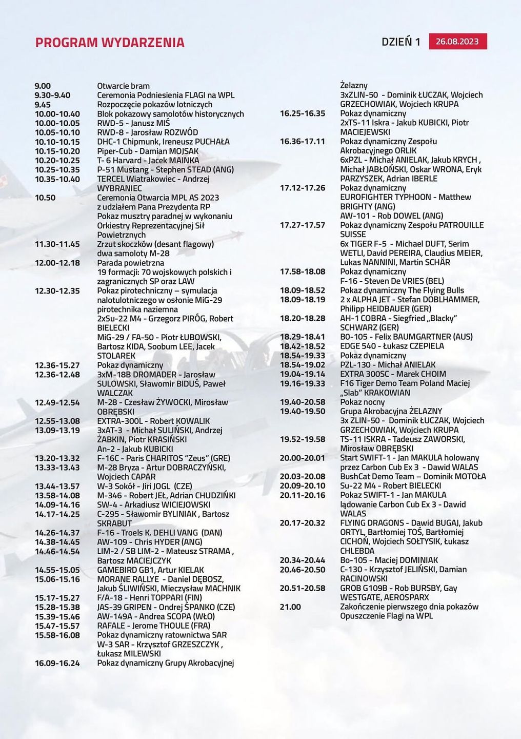 Air Show Radom 2023 - program sobota, 26 sierpnia