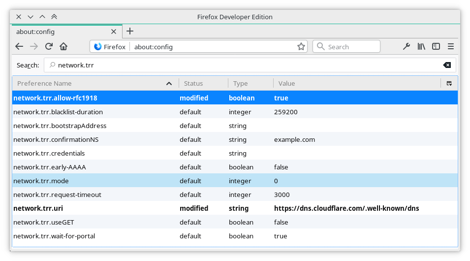 Nowe ustawienia dla DNS over HTTPS w about:config Firefoksa