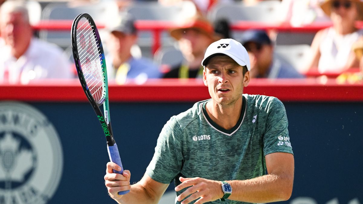 MONTREAL, QC - AUGUST 13: Hubert Hurkacz (POL) returns the ball during the semifinals round ATP National Bank Open match on August 13, 2022 at IGA Stadium in Montreal, QC (Photo by David Kirouac/Icon Sportswire via Getty Images)
