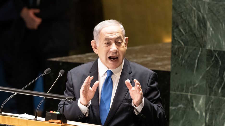NEW YORK, UNITED STATES - 2023/09/22: Prime Minister of Israel Benjamin Netanyahu speaks at the 78th Session of the General Assembly of the UN. In his speech PM Netanyahu emphasized three main themes: threats from Iran, Artificial Intelligence development and peace and prosperity in the Middle East. He urged countries to join Israel in developing responsible AI saying that this is a technology revolution like industrial and agricultural in the past. He pitched that recognition by Saudi Arabia and establishing diplomatic relations between Israel and Saudi Arabia will transform the Middle East and he showed a map of Israel in 1948 when the state was created and how it will look if and when relations with Saudi Arabia will be normalized by creating trade route directly from India to Europe via both countries. (Photo by Lev Radin/Pacific Press/LightRocket via Getty Images)