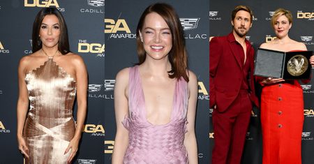 Emma Stone w różowej kreacji bryluje na gali Amerykańskiej Gildii Reżyserów. Wpadli też Eva Longoria i Ryan Gosling (ZDJĘCIA)