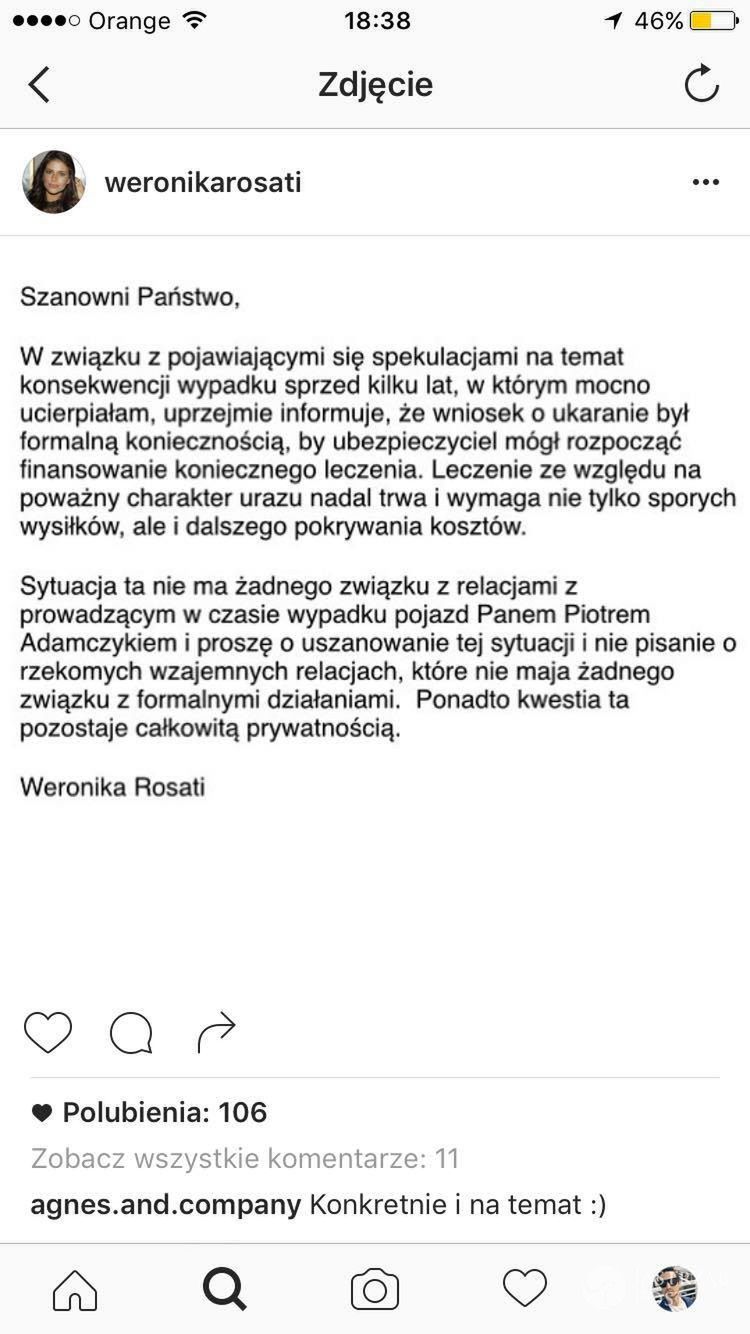 Oświadczenie Weroniki Rosati w sprawie wypadku Piotra Adamczyka