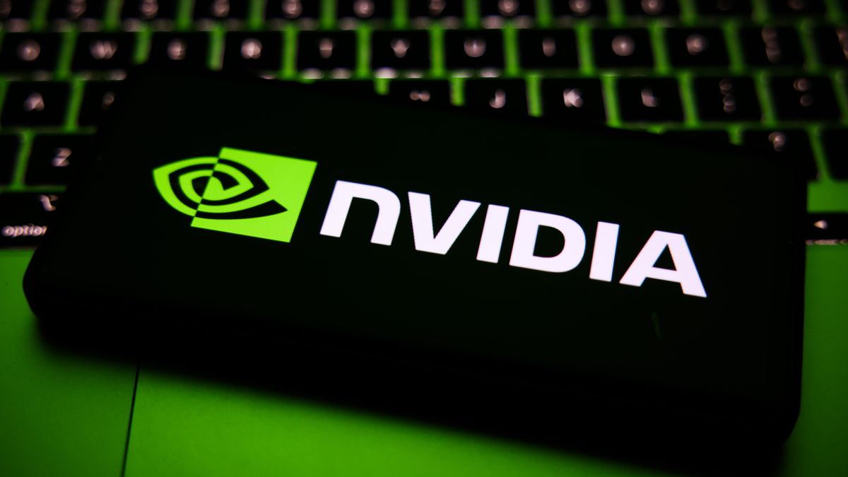 Nvidia logo is screened on a mobile phone for illustration photo. Krakow, Poland on July 13th, 2026.  (Photo by Beata Zawrzel/NurPhoto via Getty Images)