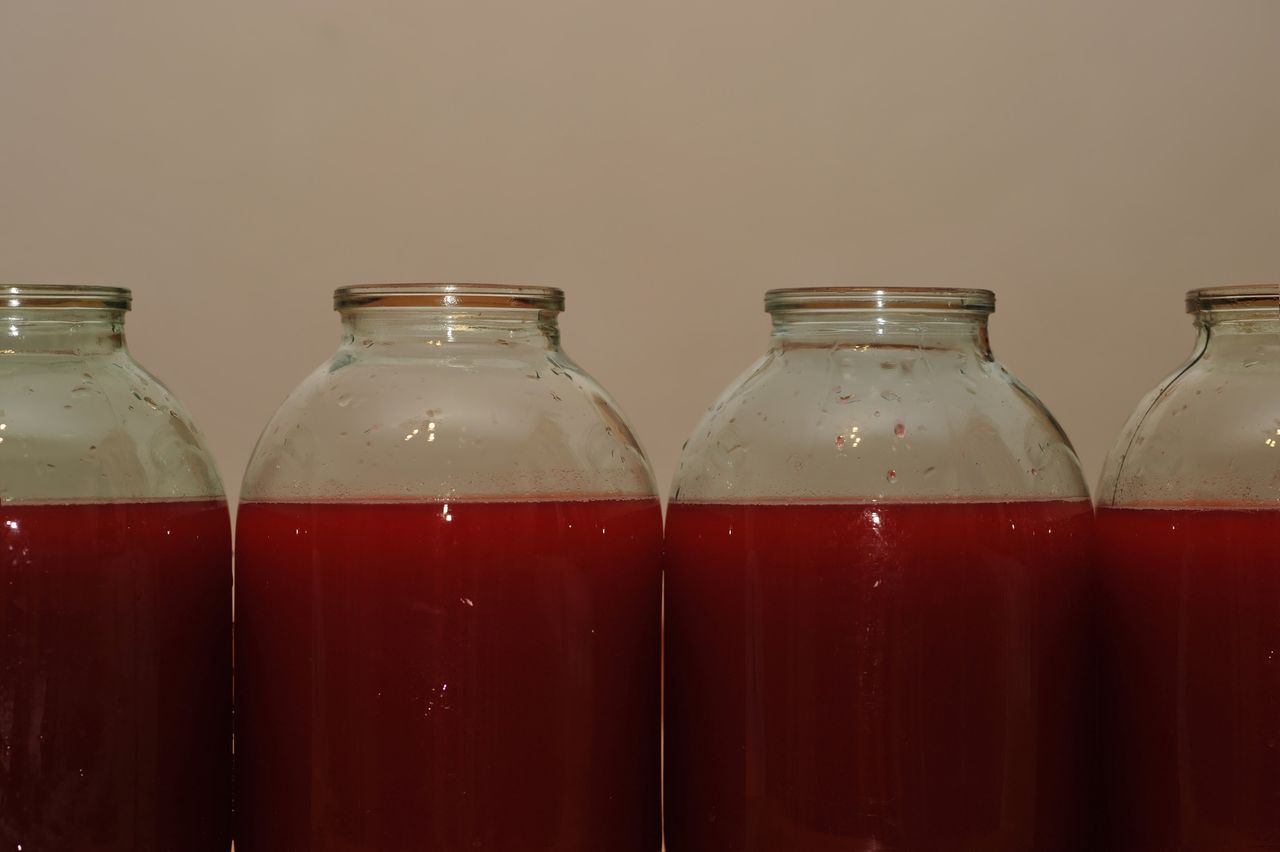 Red wine made from Viburnum berries. Guelder-rose juice in a glass jar. Red liquid. xlibes. European, rose, nutrition, wooden, tasty, preserve, closeup, orange, natural, fresh, healthy, background, sweet, glass.