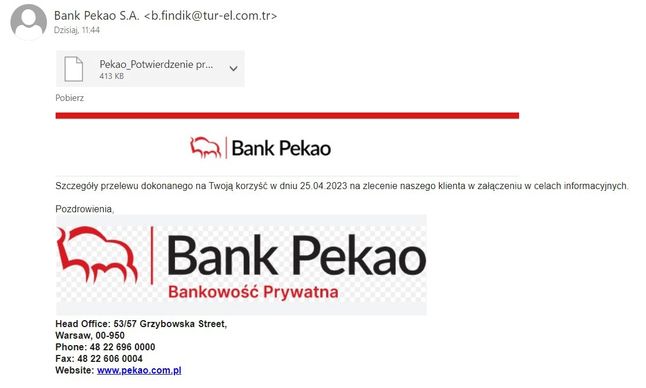 Fałszywa wiadomość wykorzystująca wizerunek Banku Pekao