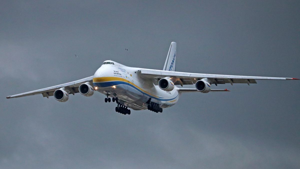 An Antonov An-124-100 is arriving at Barcelona Airport in Barcelona, Spain, on March 25, 2024, carrying one of the sailboats that will participate in the upcoming edition of the America's Cup, set to take place in the Catalan capital between August and October. (Photo by Urbanandsport/NurPhoto via Getty Images)