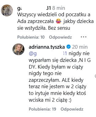 Komentarz Adrianny Tyszki na Instagramie