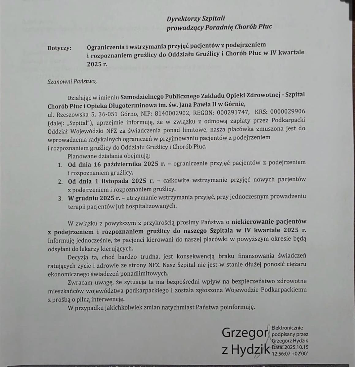 Szpital w Górnie wstrzymuje świadczenia