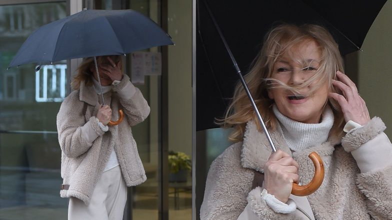 Grażyna Torbicka walczy z wiatrem na Marszałkowskiej 