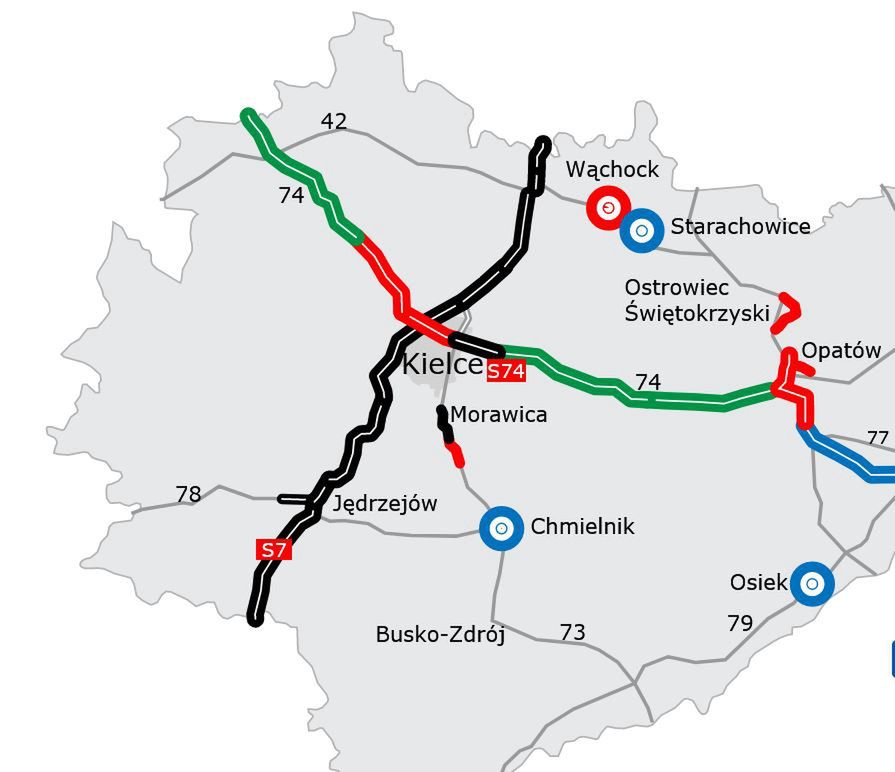 Na czerwono i zielono zaznaczono planowany przebieg drogi ekspresowej S74 w woj. świętokrzyskim