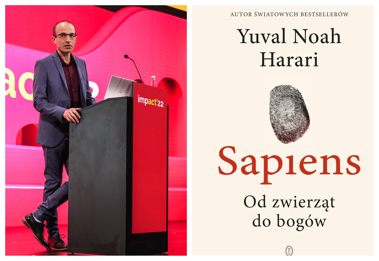 Yuval Noah Harari i okładka jego książki "Sapiens"