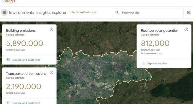 Kraków na platformie Google Environmental Insights Explorer. Można sprawdzić emisję gazów cieplarnianych