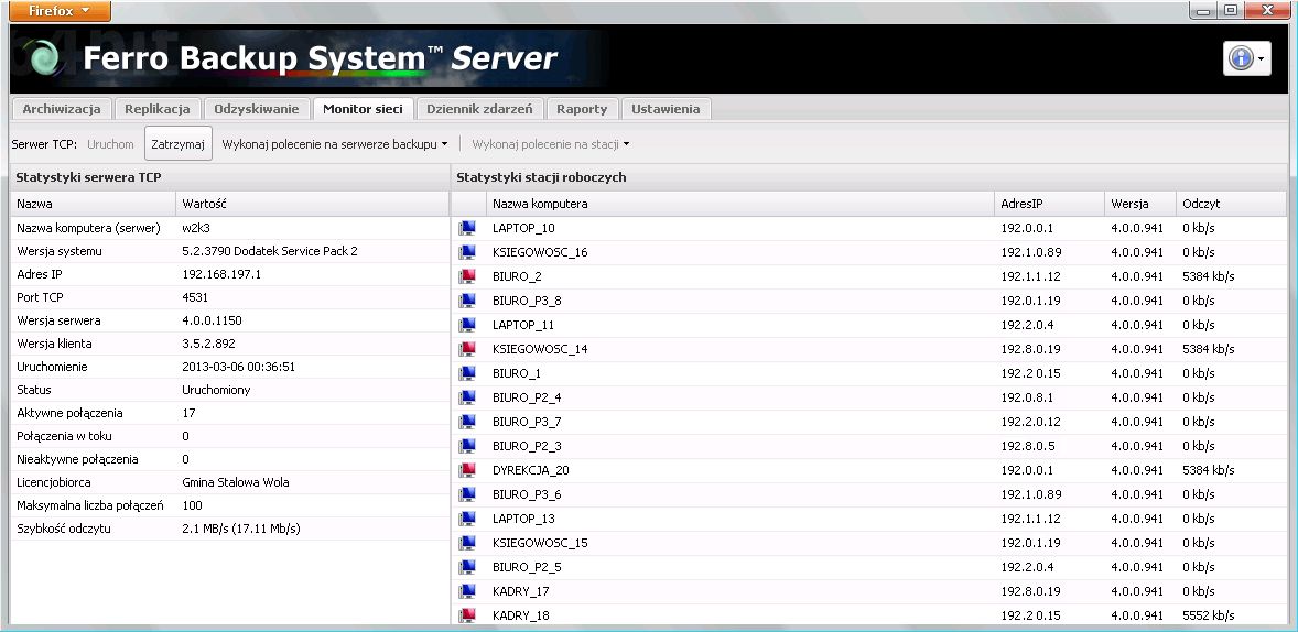 Ferro Backup System, monitor sieci