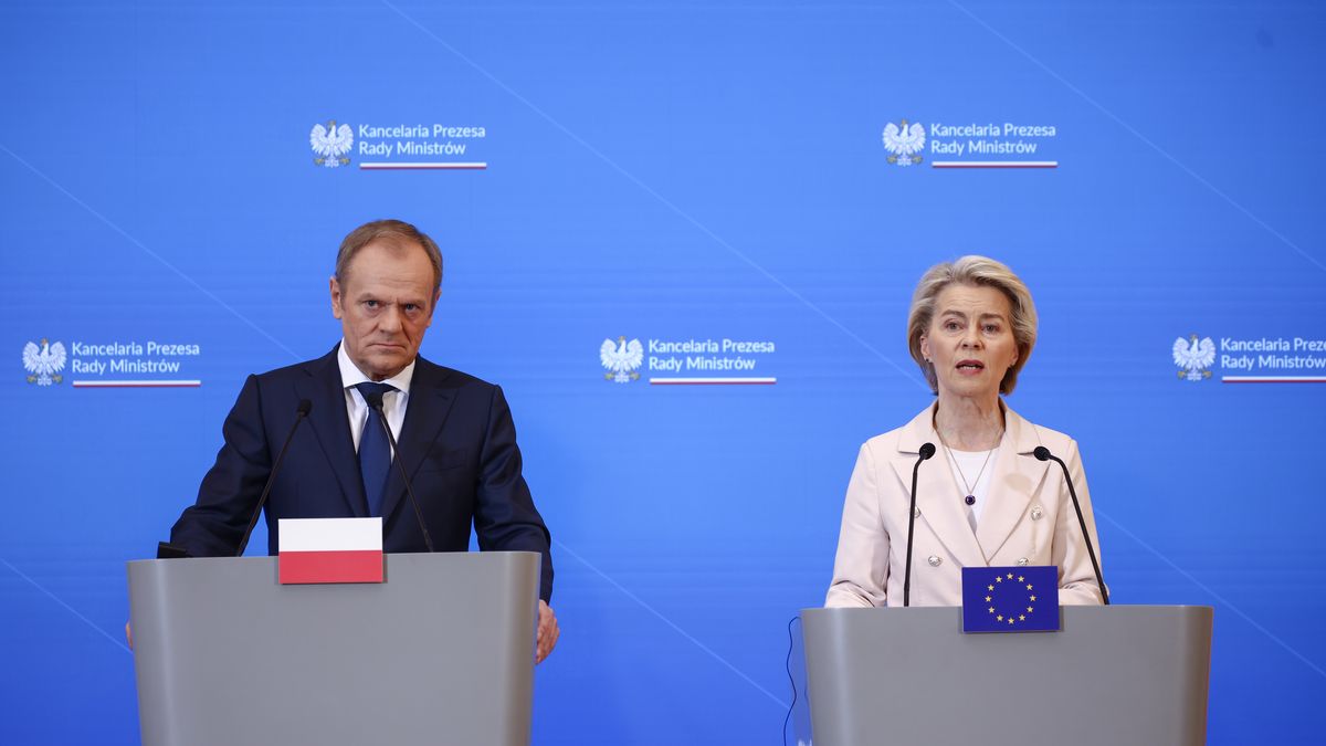 Ursula von der Leyen, the President of European Commission, and Donald Tusk, Prime Minister of Poland, are seen during a press conference after a bilateral meeting in the Prime Minister Chancellery on February 23, 2024 in Warsaw, Poland. The chairwoman of the EU executive arrived to announce that up to 137 billion euros of EU funds, currently blocked for Poland, will be released by the College of Commissioners next week. (Photo by Beata Zawrzel/NurPhoto via Getty Images)