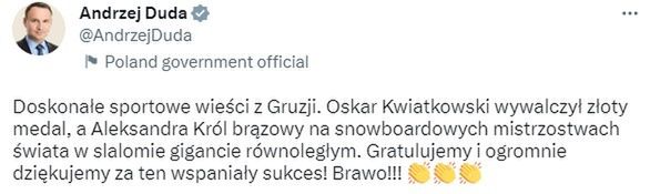Prezydent Andrzej Duda pogratulował snowboardzistom
