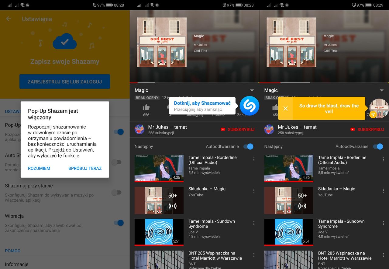 Pop-Up Shazam pozwala rozpoznawać muzykę z dowolnej aplikacji. Wyświetla także teksty piosenek.