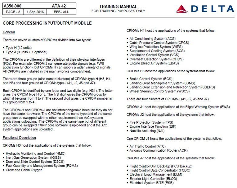 Strona z podręcznika szkoleniowego A350, fot. Delta Airlines